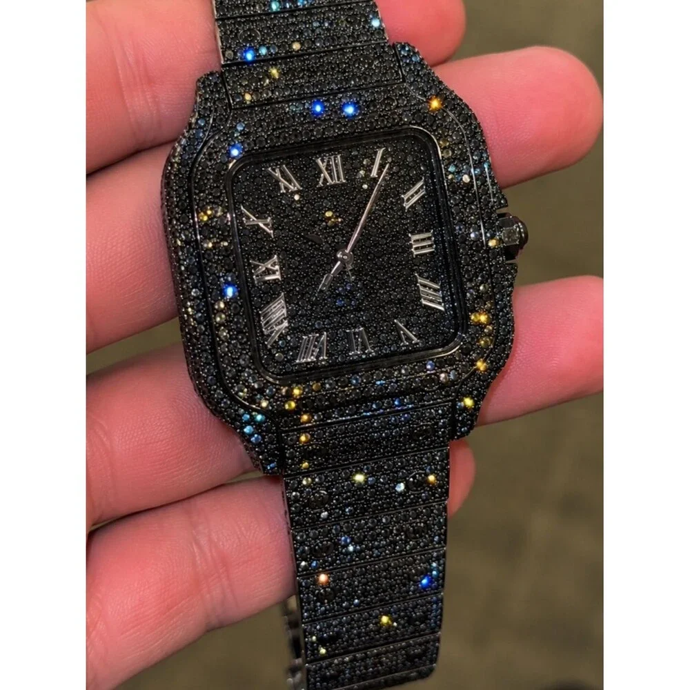 Iced Out VVS Simulated Black Diamond Stainless Steel Watch Pave Set Fully Iced